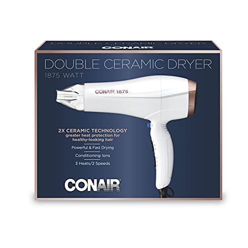 Conair 1875 Watt Double Ceramic Hair Dryer with Ionic Conditioning, White/Rose Gold, 1 Count (Pack of 1)
