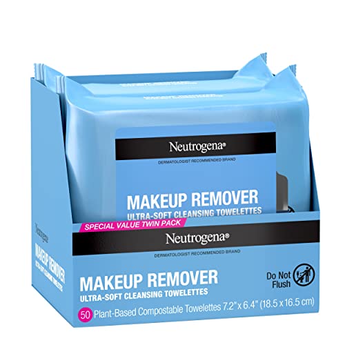 Neutrogena Makeup Remover Cleansing Face Wipes, Daily Cleansing Facial Towelettes to Remove Waterproof Makeup and Mascara, Alcohol-Free, Value Twin Pack, 25 Count, 2 Pack