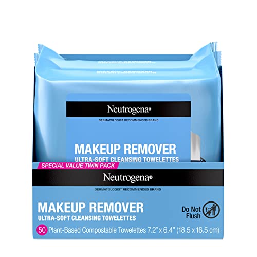 Neutrogena Makeup Remover Cleansing Face Wipes, Daily Cleansing Facial Towelettes to Remove Waterproof Makeup and Mascara, Alcohol-Free, Value Twin Pack, 25 Count, 2 Pack