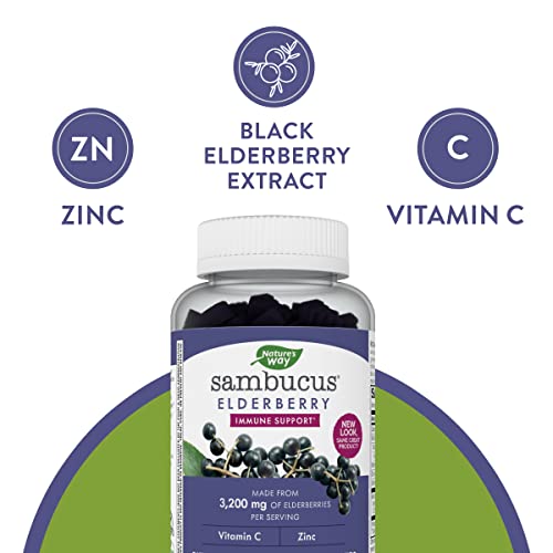 Nature's Way Sambucus Elderberry Gummies with Vitamin C and Zinc for Adult, Immune Support*, 3200 mg, 60 Count