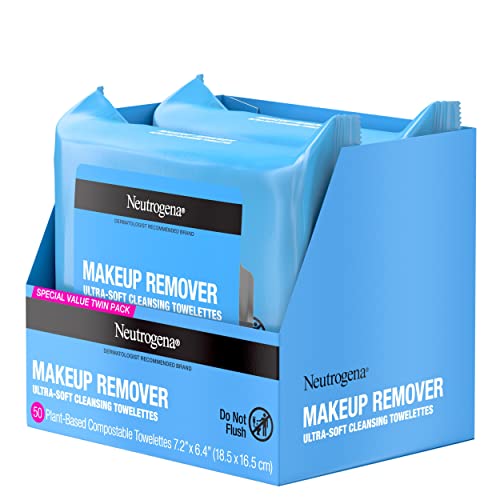 Neutrogena Makeup Remover Cleansing Face Wipes, Daily Cleansing Facial Towelettes to Remove Waterproof Makeup and Mascara, Alcohol-Free, Value Twin Pack, 25 Count, 2 Pack