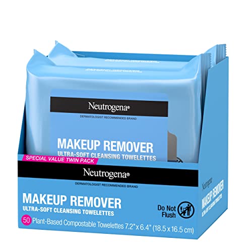 Neutrogena Makeup Remover Cleansing Face Wipes, Daily Cleansing Facial Towelettes to Remove Waterproof Makeup and Mascara, Alcohol-Free, Value Twin Pack, 25 Count, 2 Pack