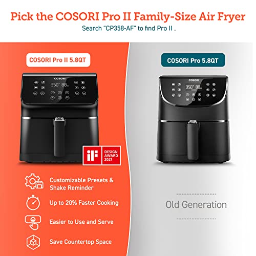COSORI Pro II Air Fryer Oven Combo, 5.8QT Max Xl Large Cooker with 12 One-Touch Savable Custom Functions, Cookbook and Online Recipes, Nonstick and Dishwasher-Safe Detachable Square Basket