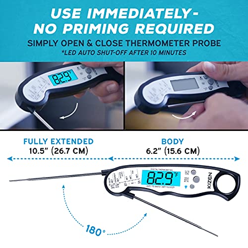 KIZEN Digital Meat Thermometer - Home Gadgets & Kitchen Gifts - Wireless Probe - Waterproof Instant Read Thermometer for Cooking Food, Baking, Liquids, Candy, Grilling BBQ & Air Fryer - Black/White