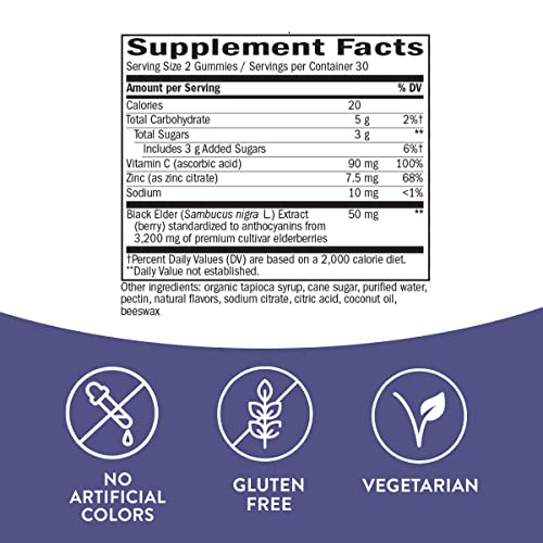 Nature's Way Sambucus Elderberry Gummies with Vitamin C and Zinc for Adult, Immune Support*, 3200 mg, 60 Count