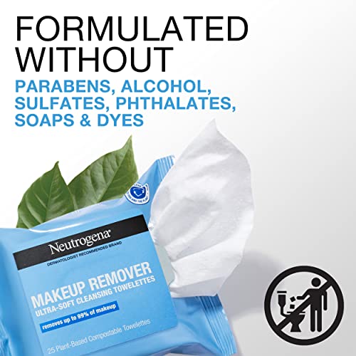 Neutrogena Makeup Remover Cleansing Face Wipes, Daily Cleansing Facial Towelettes to Remove Waterproof Makeup and Mascara, Alcohol-Free, Value Twin Pack, 25 Count, 2 Pack
