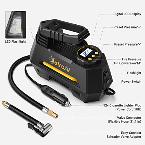 AstroAI Air Compressor Tire Inflator Portable Air Pump for Car Tires 12V DC Auto Tire Pump with Digital Pressure Gauge, 100PSI with Emergency LED Light for Car, Bicycle, Balloons and Other Inflatables