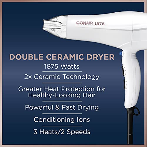 Conair 1875 Watt Double Ceramic Hair Dryer with Ionic Conditioning, White/Rose Gold, 1 Count (Pack of 1)