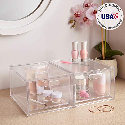 STORi Audrey Stackable Clear Plastic Organizer Drawers | 2 Piece Set | 4.5-Inches Tall | Organize Cosmetics and Beauty Supplies on a Vanity | Made in USA