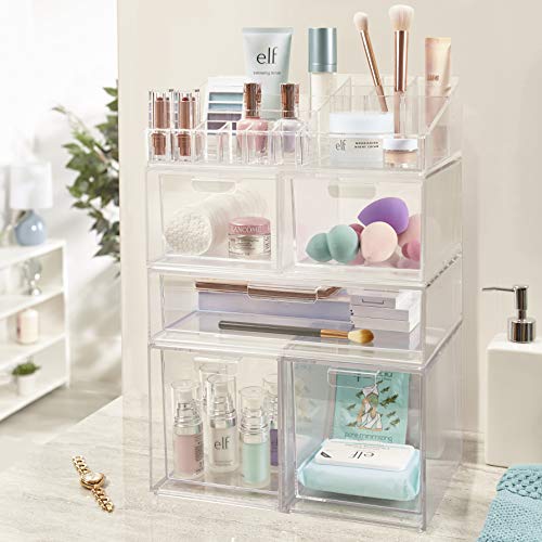 STORi Audrey Stackable Clear Plastic Organizer Drawers | 2 Piece Set | 4.5-Inches Tall | Organize Cosmetics and Beauty Supplies on a Vanity | Made in USA
