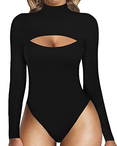 MANGOPOP Mock Neck Sexy Cutout Front T Shirt Sleeveless/Long Sleeve Bodysuit for Women (B Long Sleeve Black, Medium)