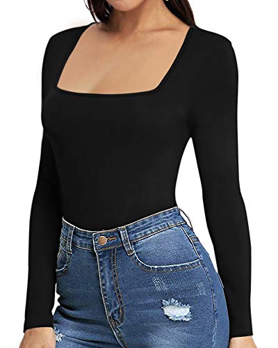 MANGOPOP Women's Square Neck Short Sleeve Long Sleeve Tops Bodysuit Jumpsuit (B Long Sleeve Black, Medium)