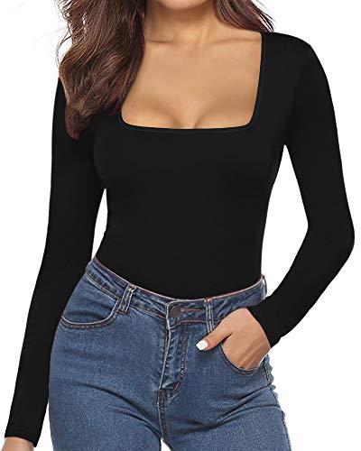 MANGOPOP Women's Square Neck Short Sleeve Long Sleeve Tops Bodysuit Jumpsuit (B Long Sleeve Black, Medium)