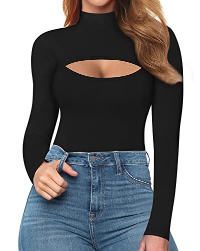 MANGOPOP Mock Neck Sexy Cutout Front T Shirt Sleeveless/Long Sleeve Bodysuit for Women (B Long Sleeve Black, Medium)