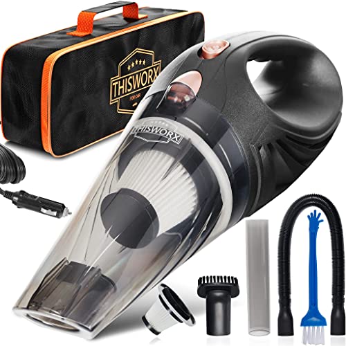 ThisWorx Car Vacuum Cleaner - Small 12V High Power Handheld Portable Car Vacuum w/Accessories, 16 Ft Cord & Bag - Car Gifts for Men Who Have Everything - Detailing Kit Essentials for Travel