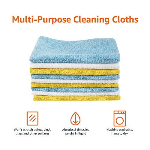 Microfiber Cleaning Cloths, Non-Abrasive, Reusable and Washable - Pack of 24, 12 x16-Inch, Blue, White and Yellow